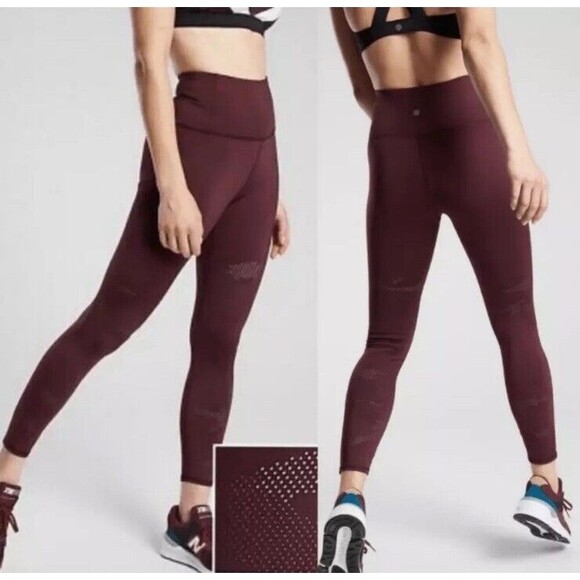 New Athleta Persistence Laser Cut 7/8 Tight Leggings Burgundy Red Womens Size S